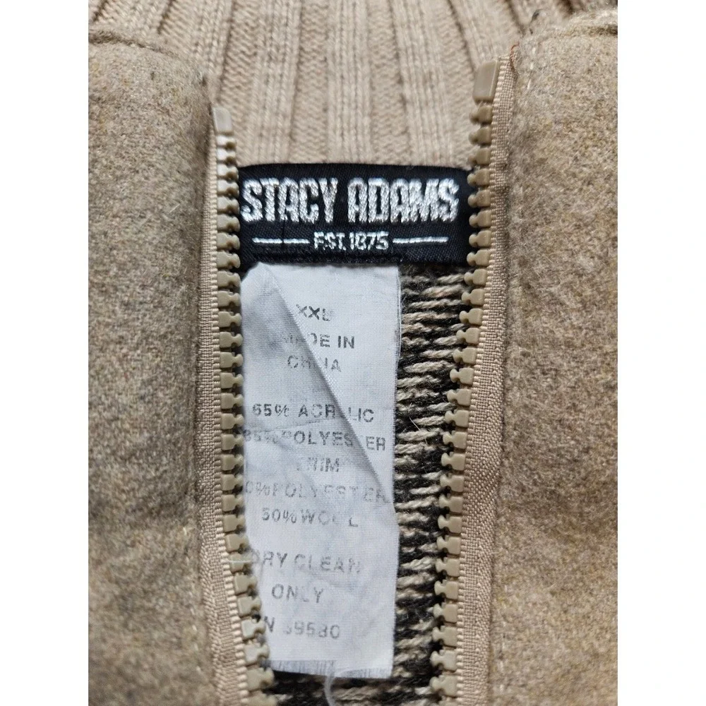 Stacy Adams Mens XXL Full Zip Sweater Jacket Tan Black Chevron Herringbone Knit